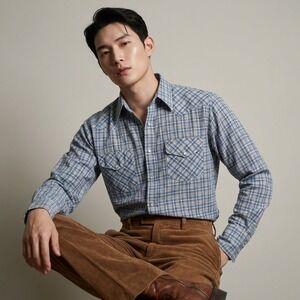 Vintage Big Mac Western Shirt Plaid Blue Mens L Retro Cowboy Long Sleeve